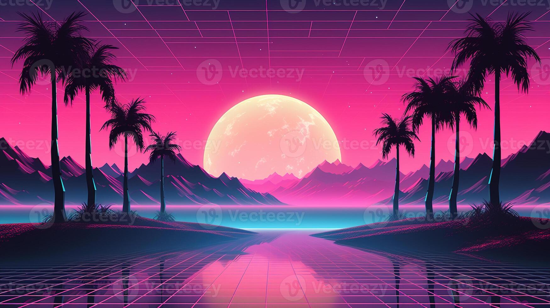 Generative AI, 80s retro futuristic sci-fi., nostalgic 90s. Night and sunset neon colors, cyberpunk vintage illustration. Sun, mountains and palms. Retrowave VJ videogame landscape.. photo