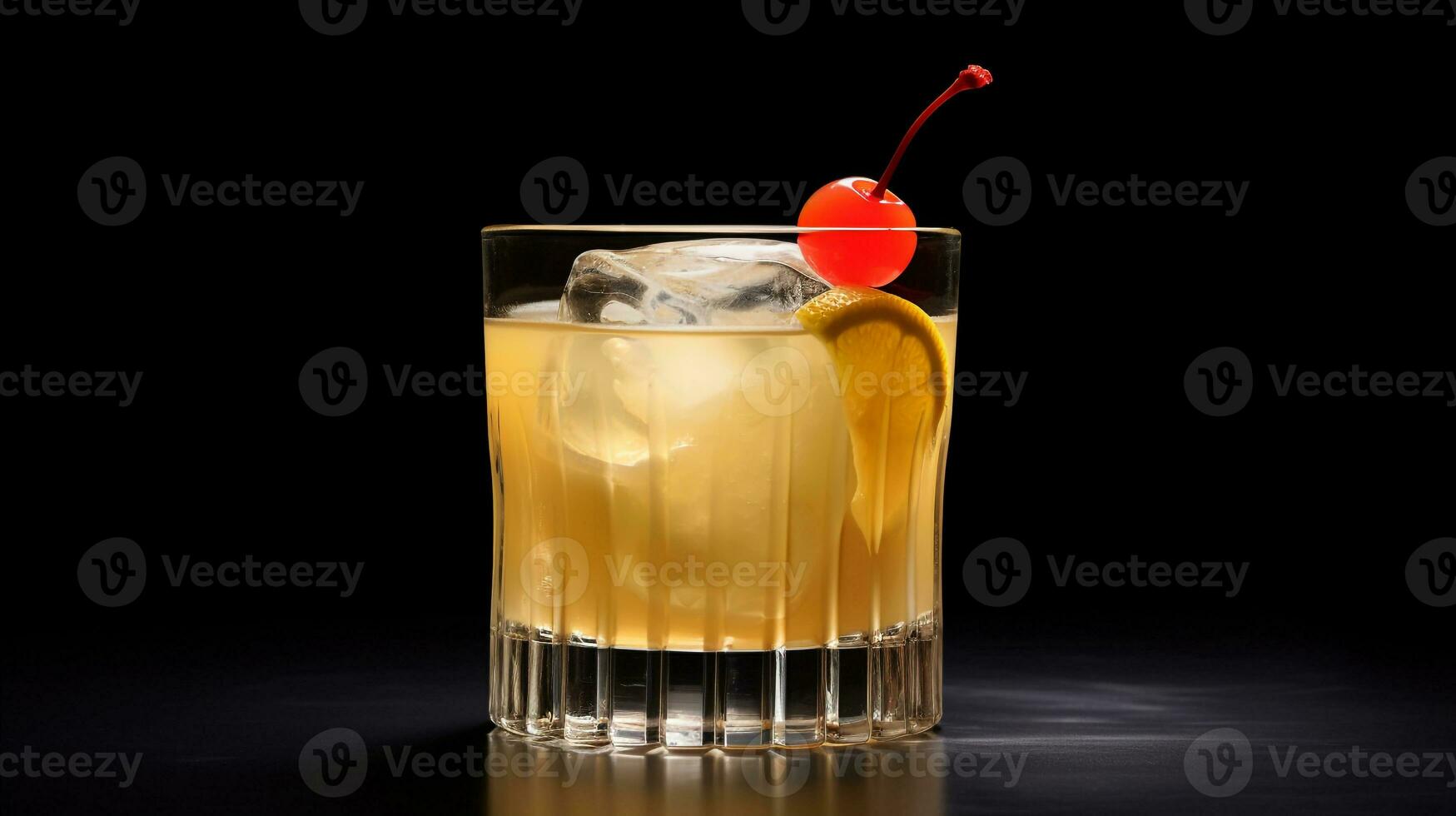 Photo of a Whiskey Sour isolated on flat black background. Generative AI