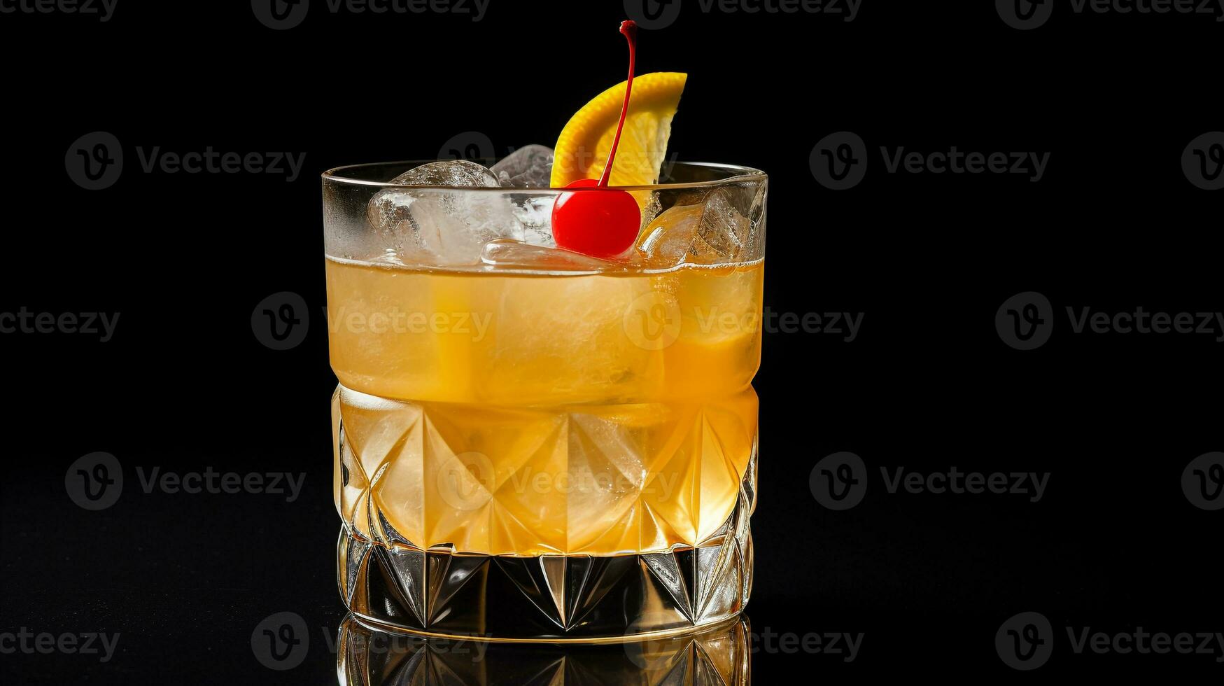 Photo of a Whiskey Sour isolated on flat black background. Generative AI