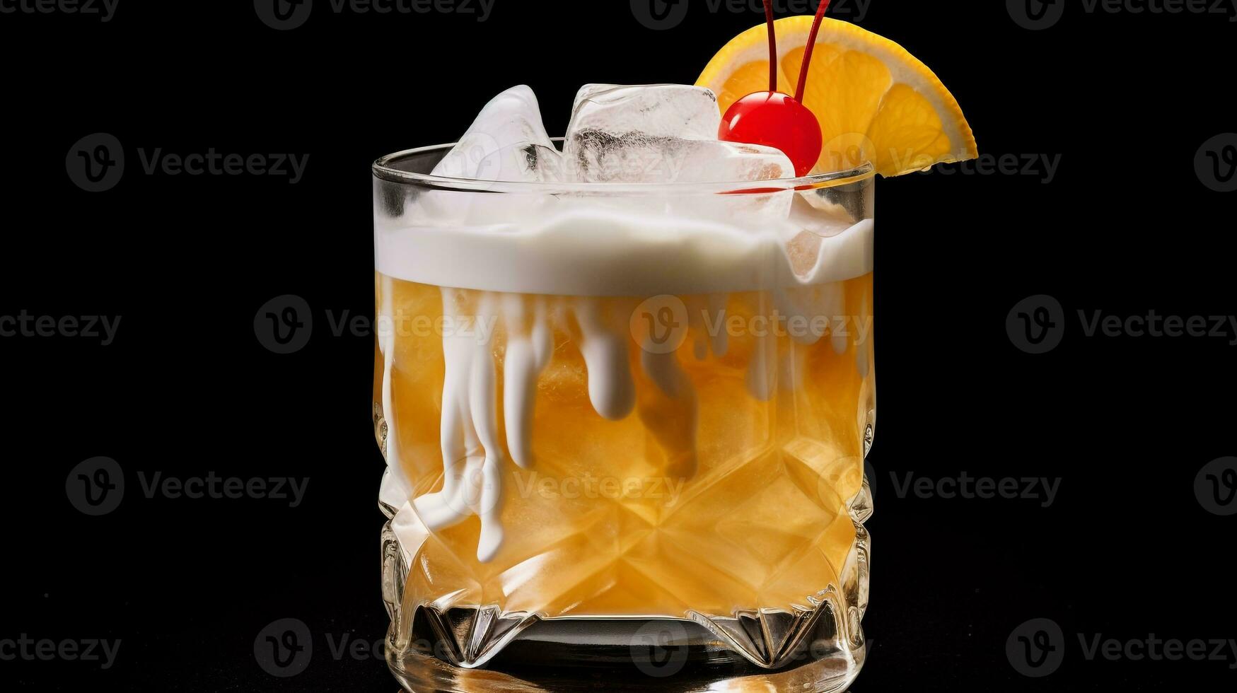 Photo of a Whiskey Sour isolated on flat black background. Generative AI