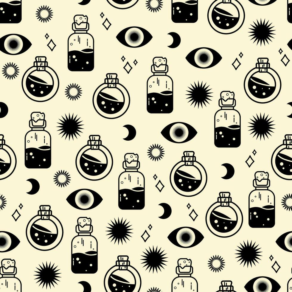 Potion bottles, sparkles, eyes, moon and sun black silhouettes seamless pattern. Halloween concept flat illustration. Vector cartoon design for web and print.
