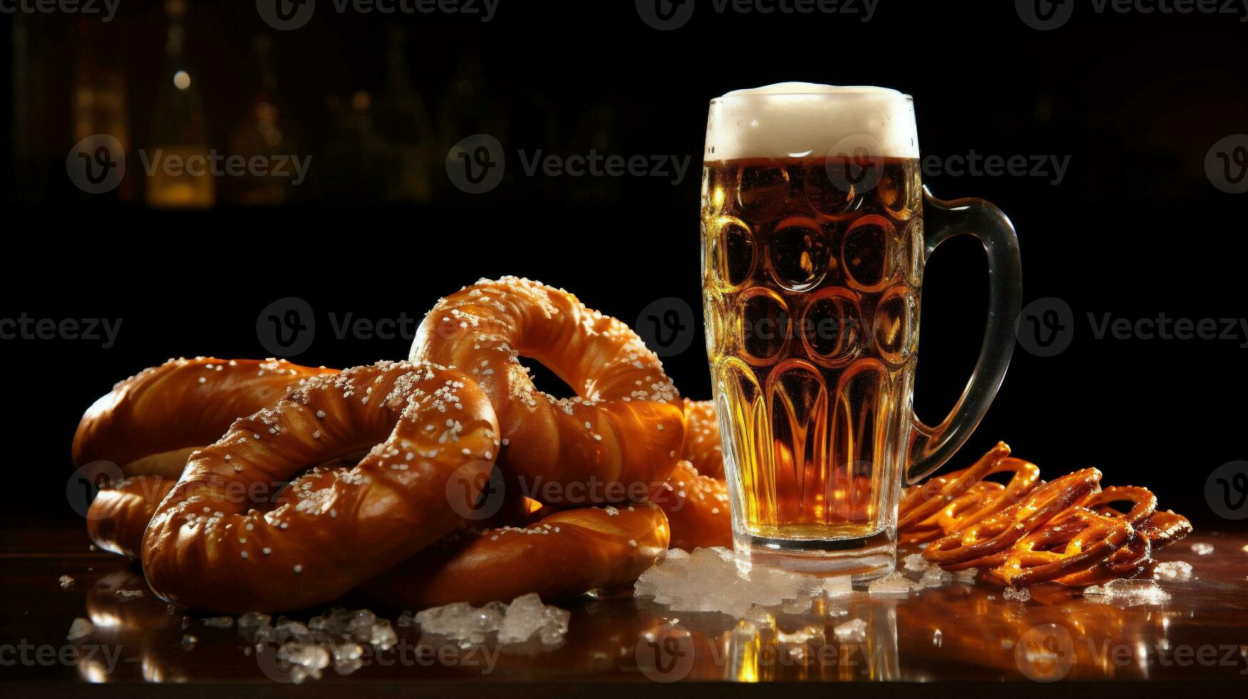 Oktoberfest cerveza y pretzels en un de madera mesa foto