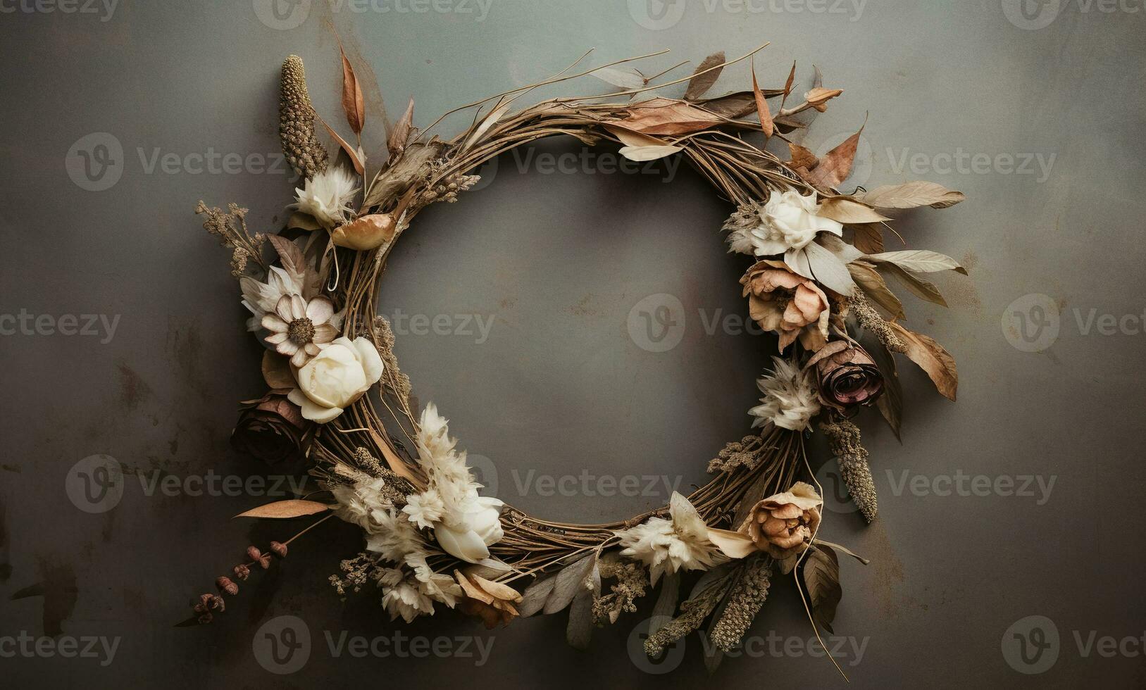 Generative AI, Stylish autumn rustic wreath close up, aesthetic muted colors photo