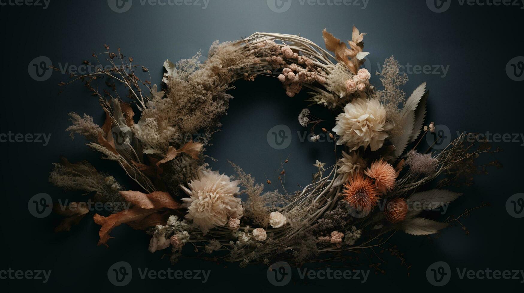 Generative AI, Stylish autumn rustic wreath close up, aesthetic muted colors photo