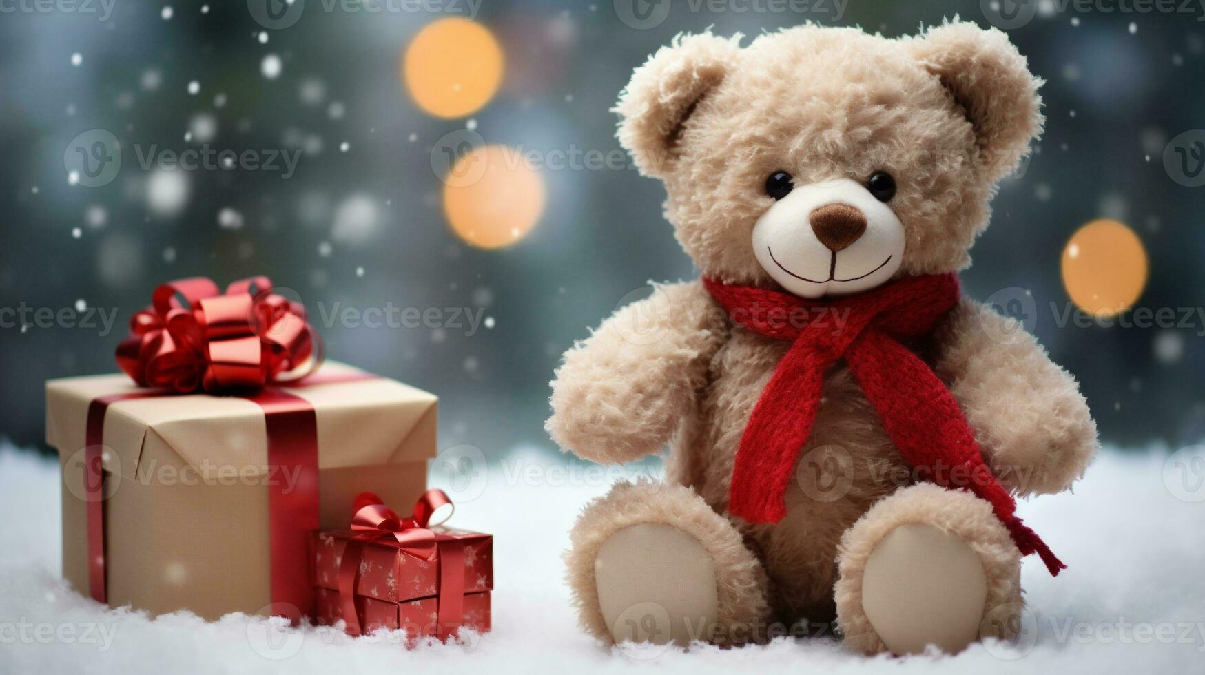 Teddy bear with gift boxes on snow and bokeh background photo