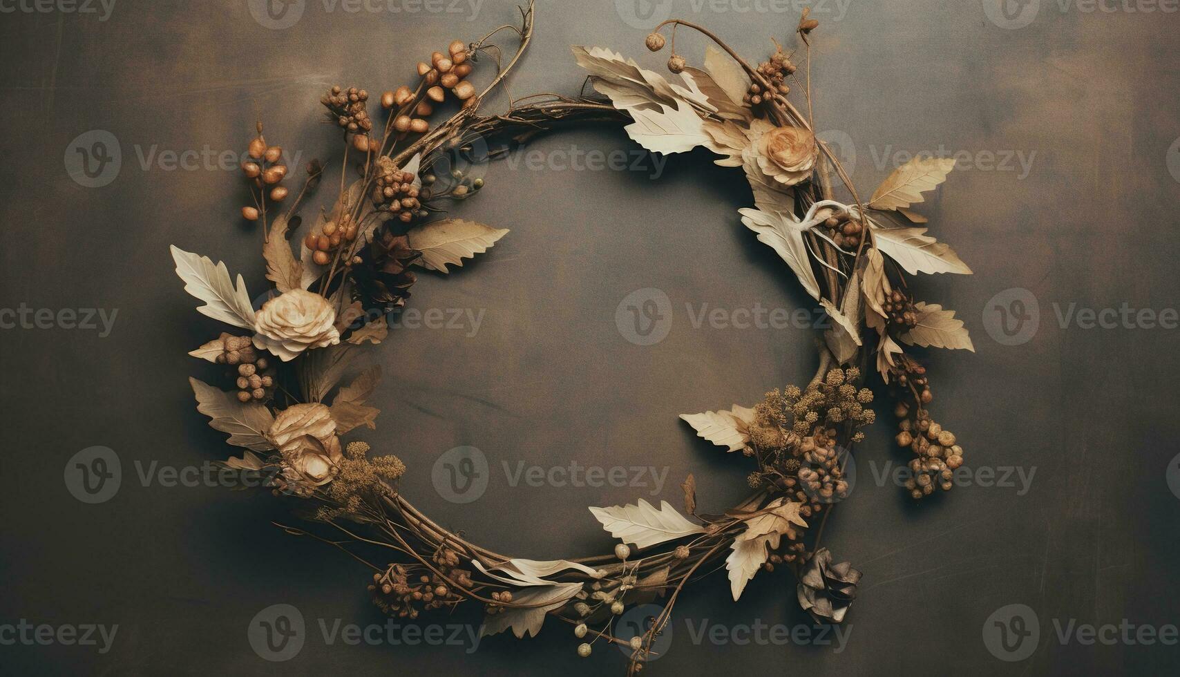 Generative AI, Stylish autumn rustic wreath close up, aesthetic muted colors photo