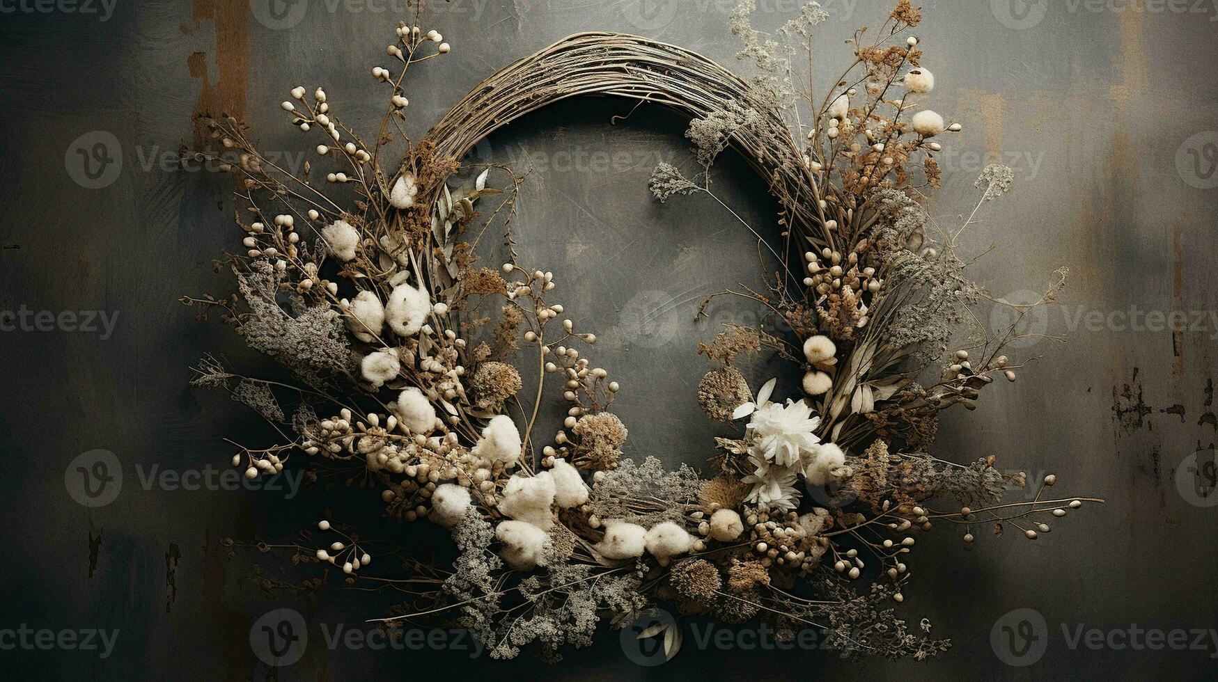 Generative AI, Stylish autumn rustic wreath close up, aesthetic muted colors photo