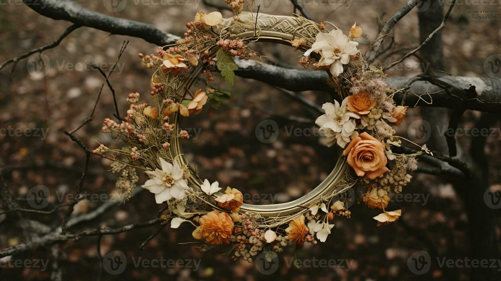 Generative AI, Stylish autumn rustic wreath close up, aesthetic muted colors photo