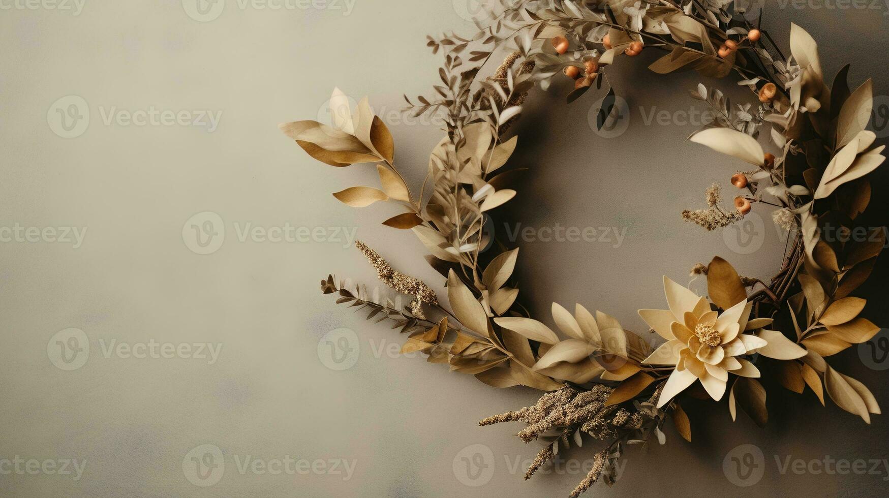 Generative AI, Stylish autumn rustic wreath close up, aesthetic muted colors photo