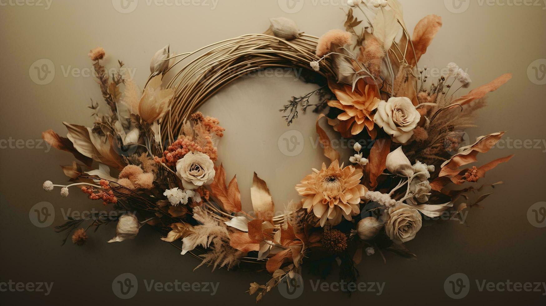 Generative AI, Stylish autumn rustic wreath close up, aesthetic muted colors photo