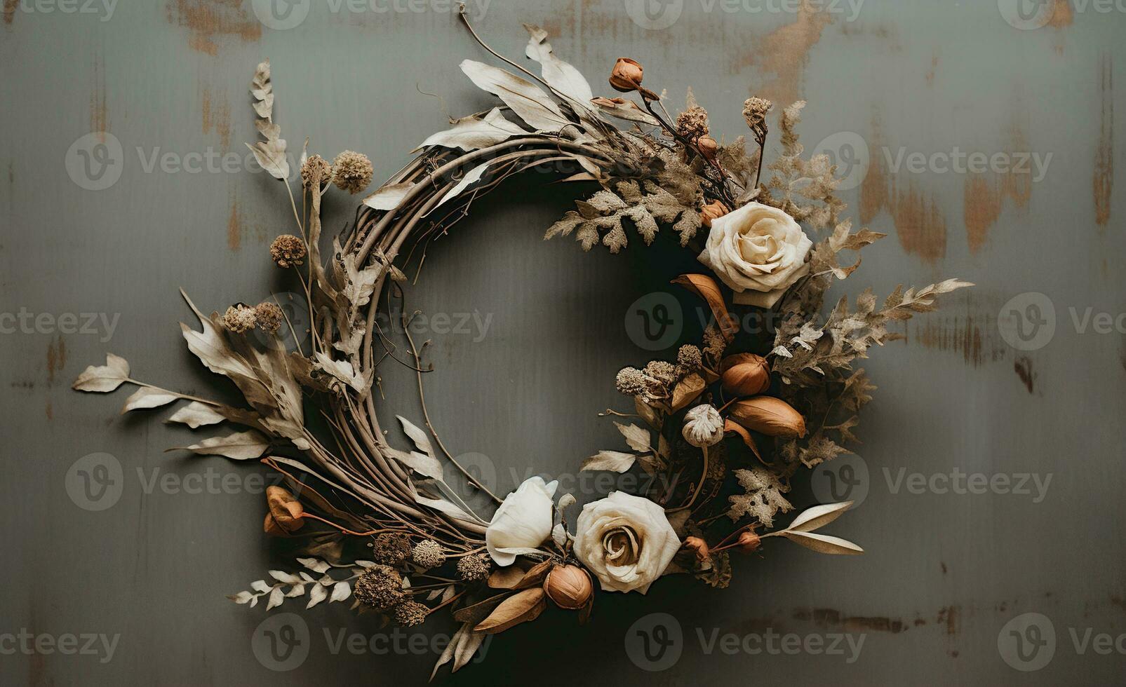 Generative AI, Stylish autumn rustic wreath close up, aesthetic muted colors photo