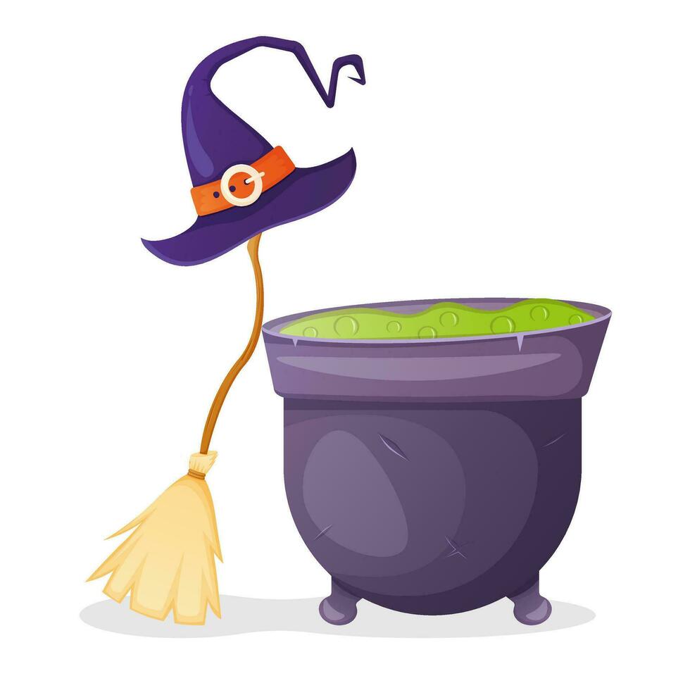 Halloween witch equipment, broom, cauldron and hat vector