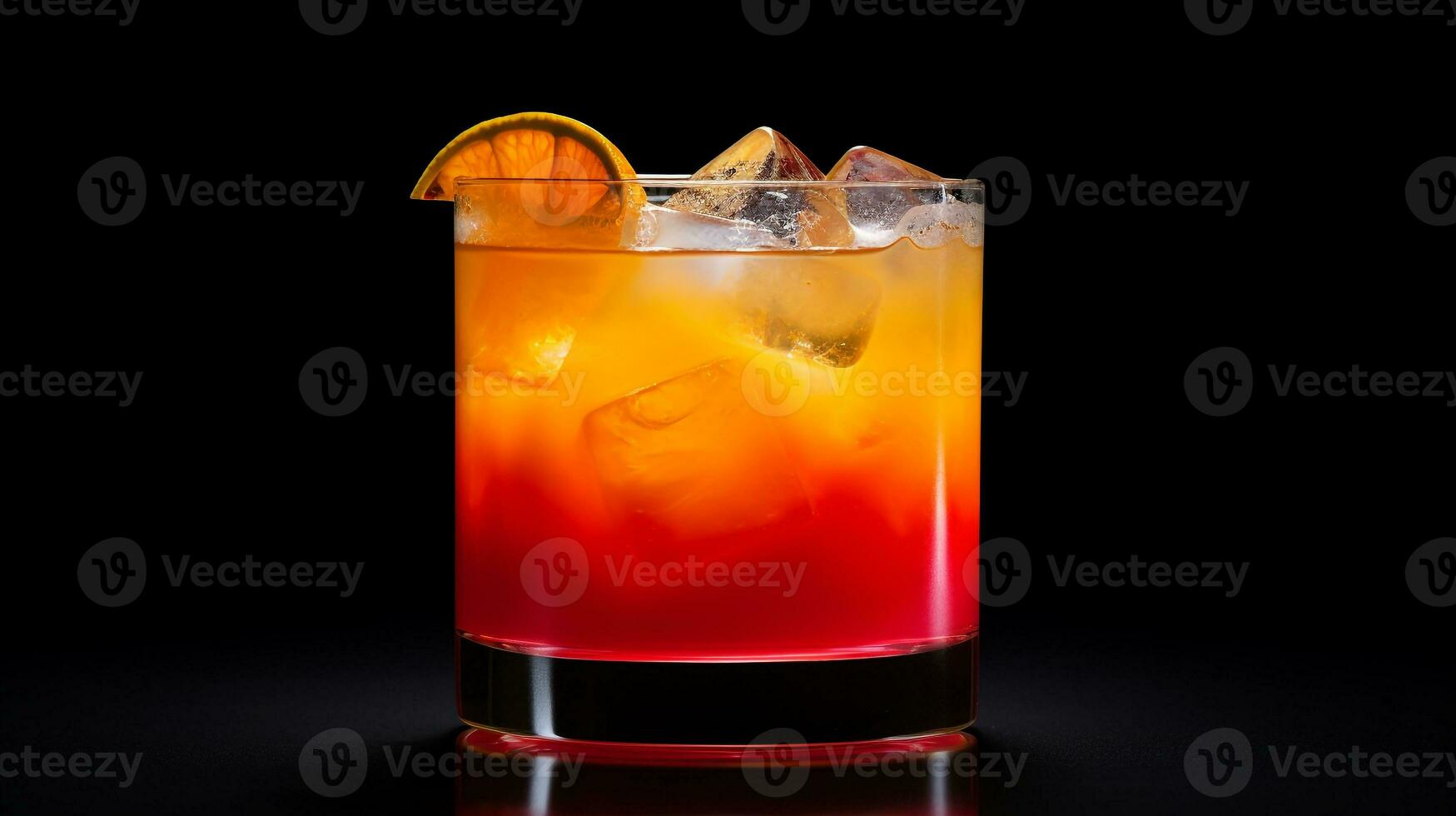 Photo of a Tequila Sunrise isolated on flat black background. Generative AI