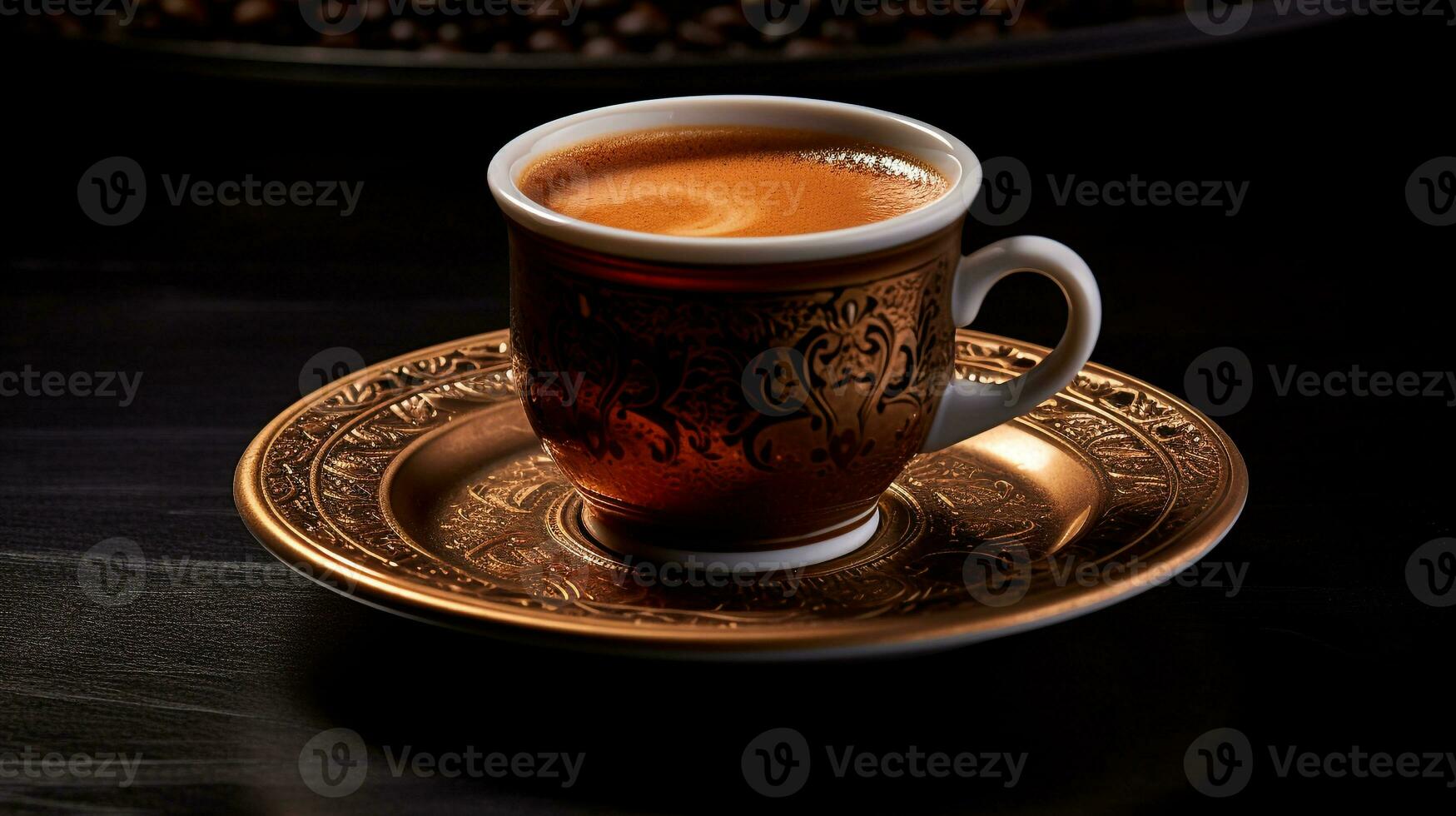 Photo of a Turkish Coffee isolated on flat black background. Generative AI