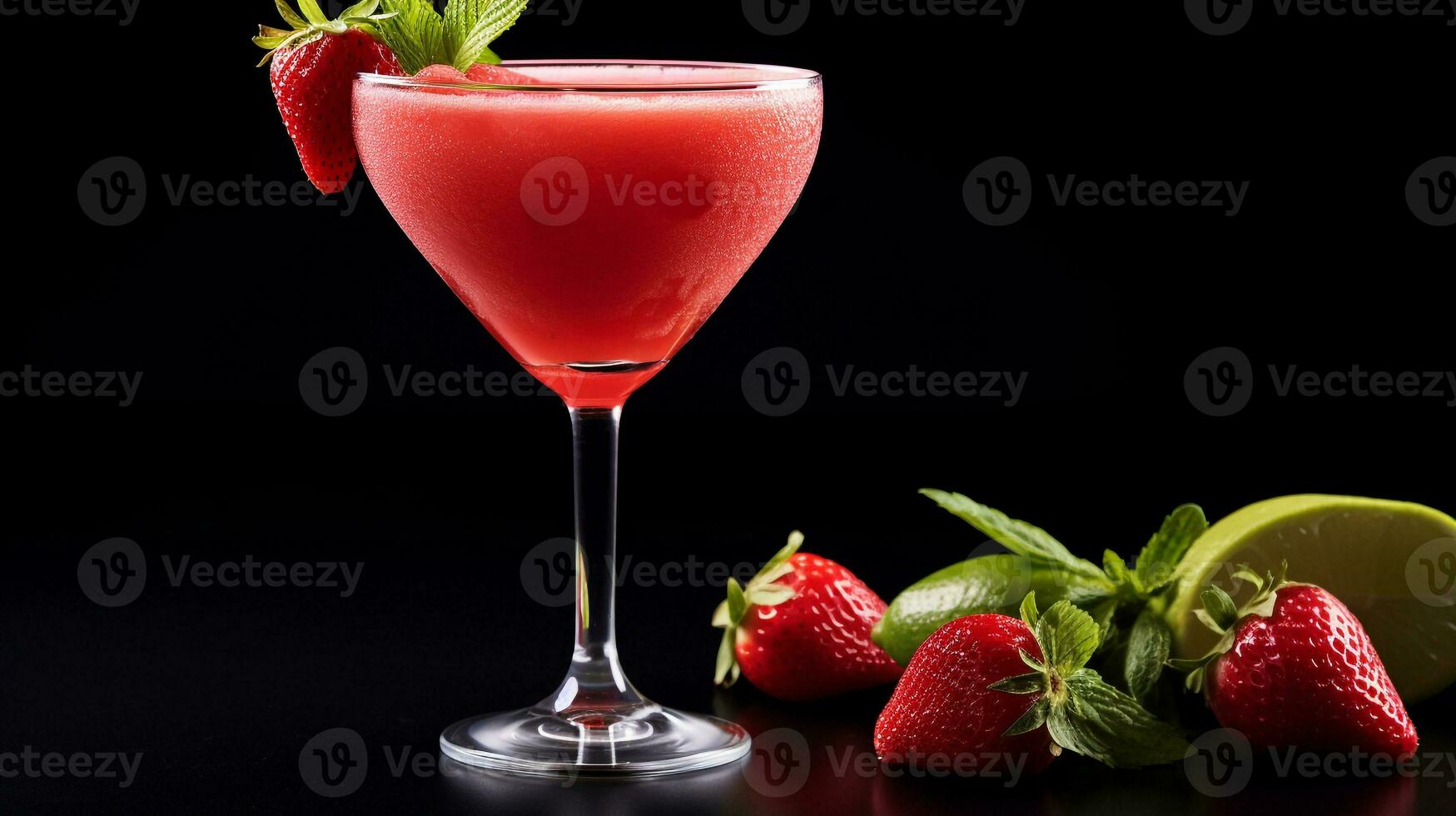 Photo of a Strawberry Daiquiri isolated on flat black background. Generative AI