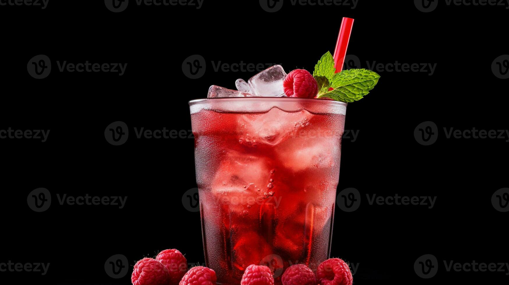 Photo of a Raspberry Iced Tea isolated on flat black background. Generative AI