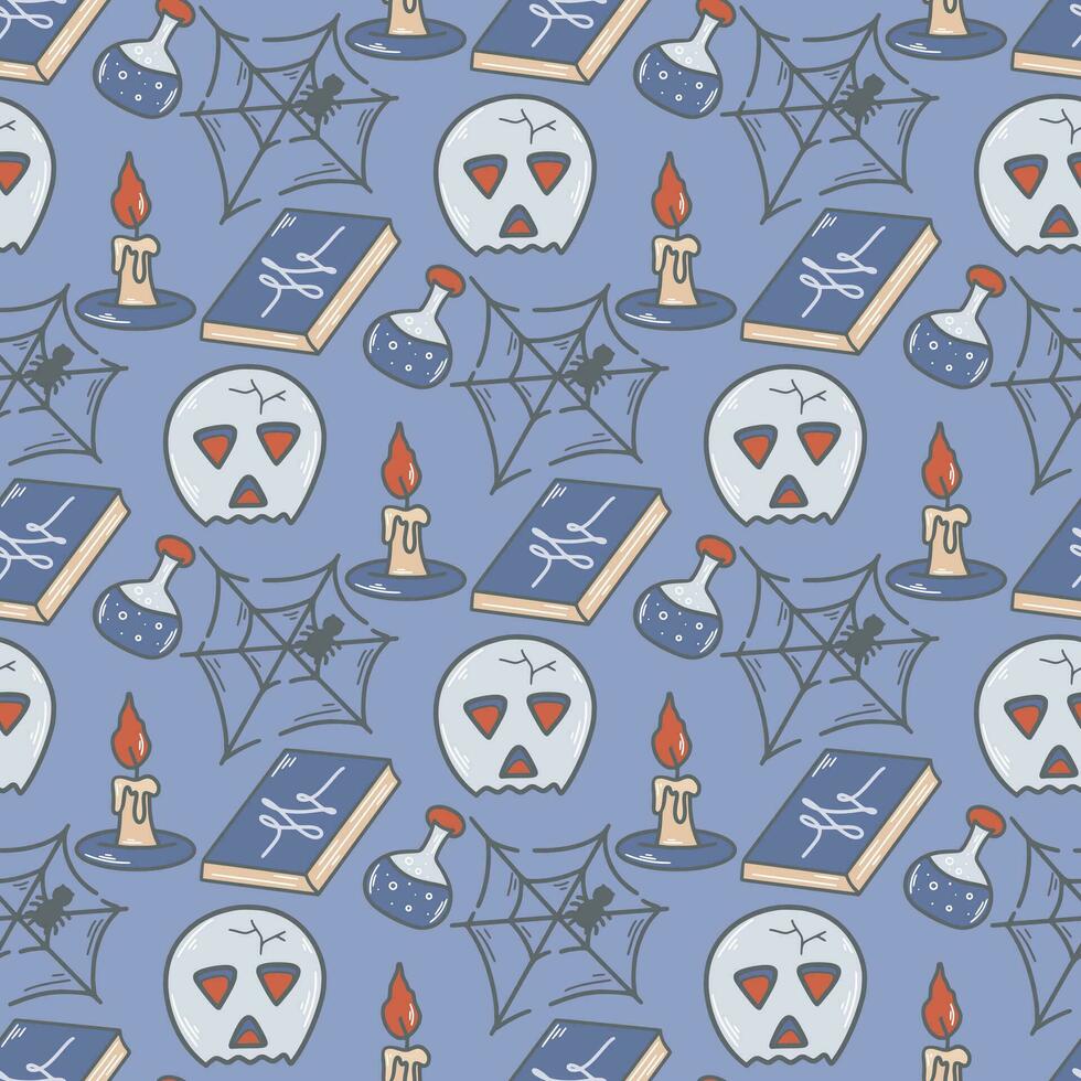 Skull, spell book, candle, witch potion seamless pattern vector