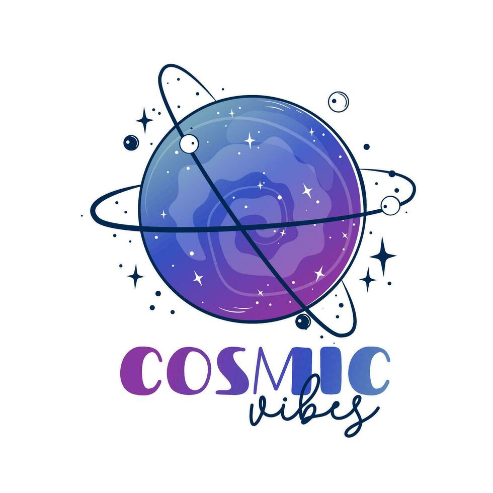 Vector illustration of a fantastic planet in doodle cartoon style with a gradient. Inscription cosmic vibe