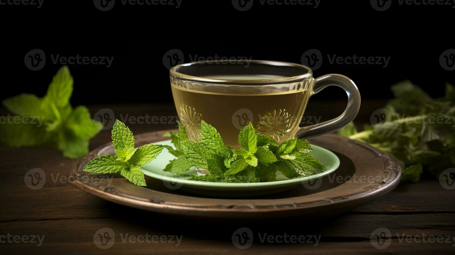 Photo of a Mint Tea isolated on flat black background. Generative AI
