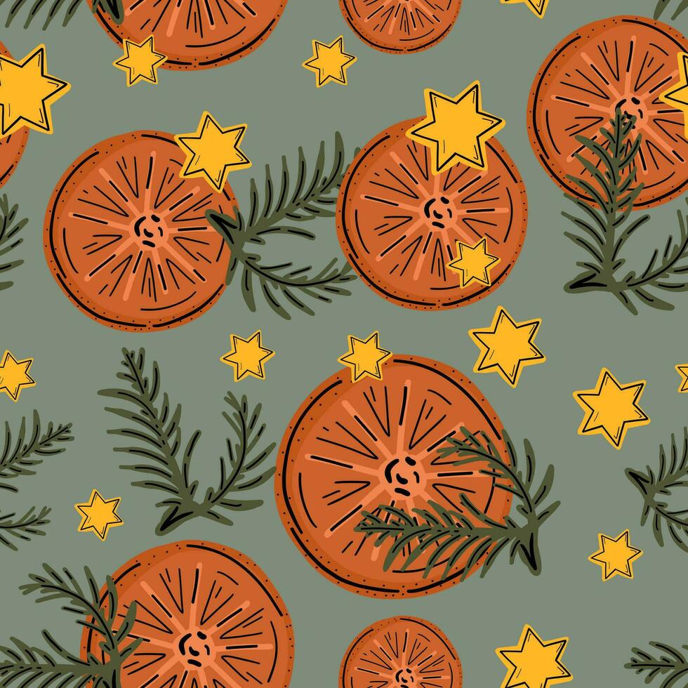 Christmas orange stars pine seamless pattern vector