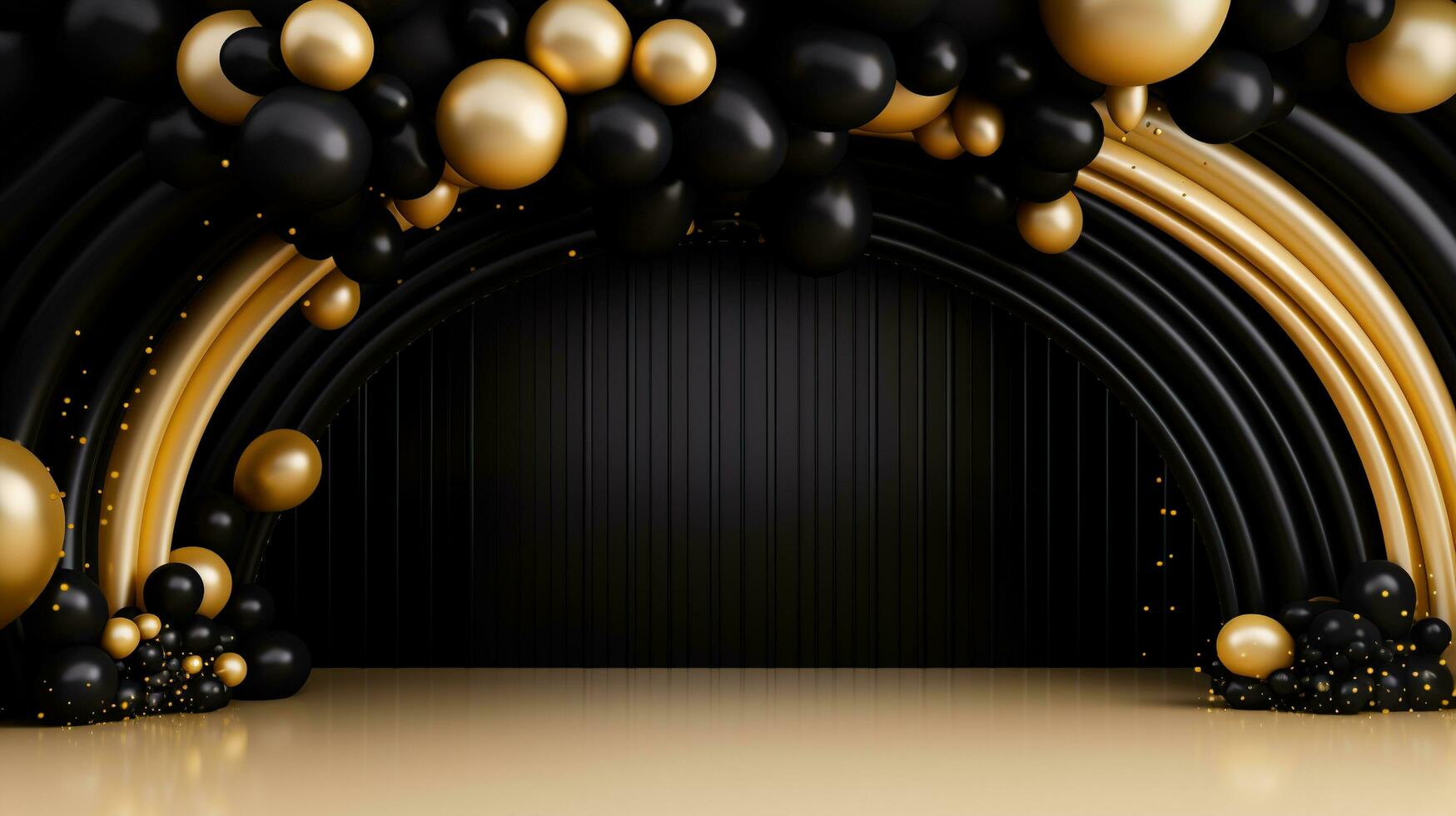 Generative AI, arch of black and golden balloons. Mock up for Black Friday or other holiday 3d background photo