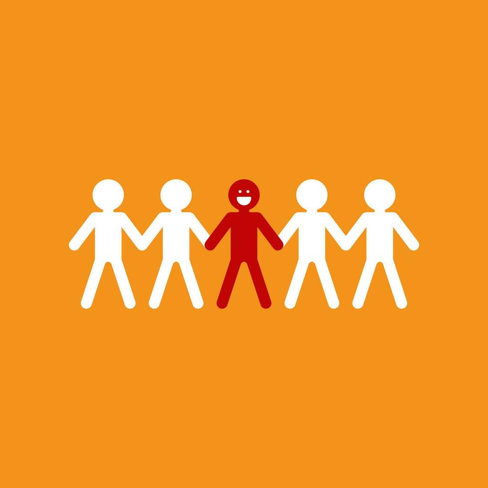 Smiling people holding hands. Happy people standing in row together. Happiness and friendship. Flat cartoon characters isolated on orange background. Colored vector illustration
