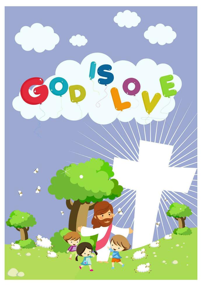 God is Love Typography - Jesus illustration playing with children in the garden vector