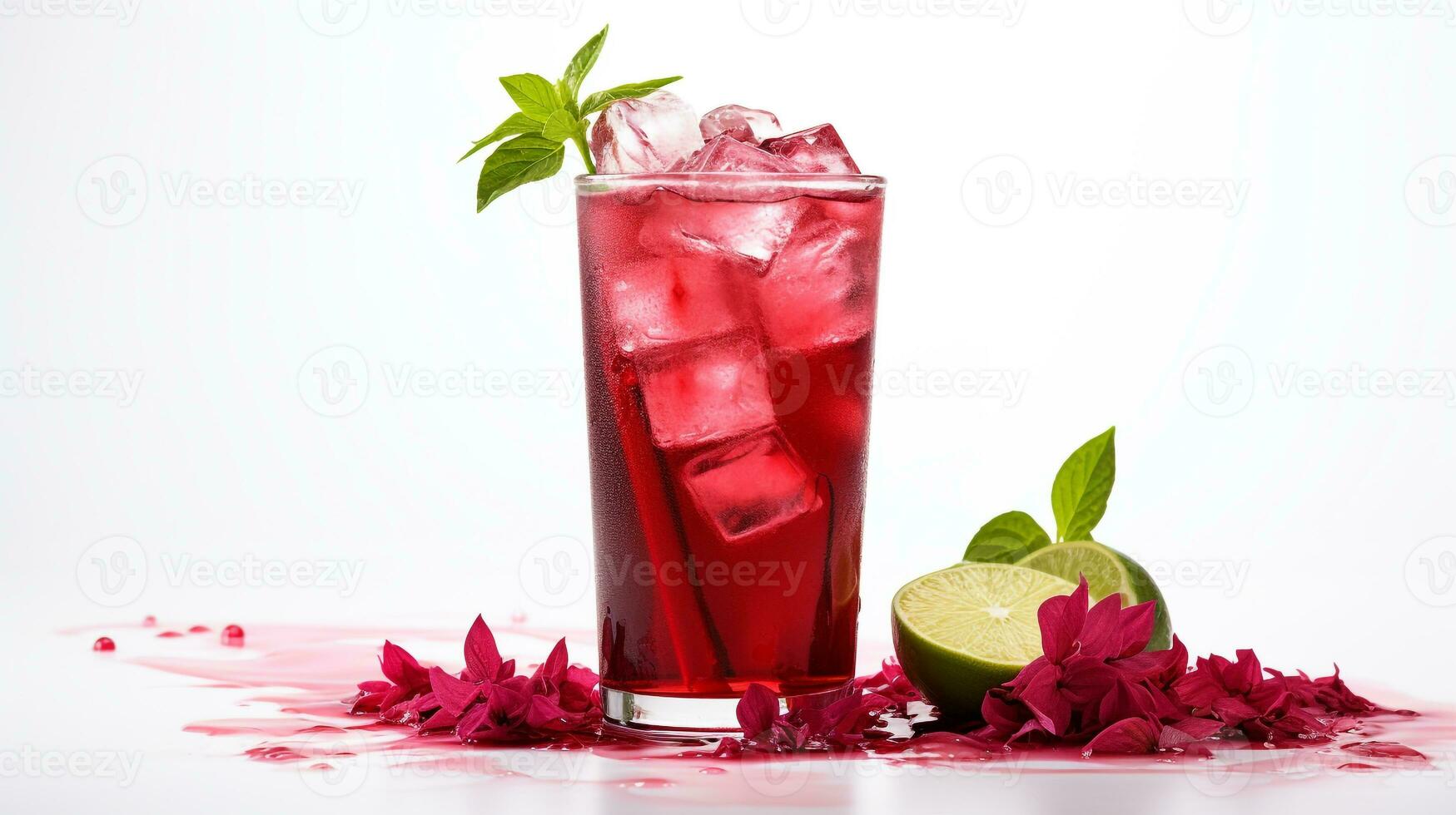 Photo of a Hibiscus Iced Tea drink isolated on white background. Generative AI