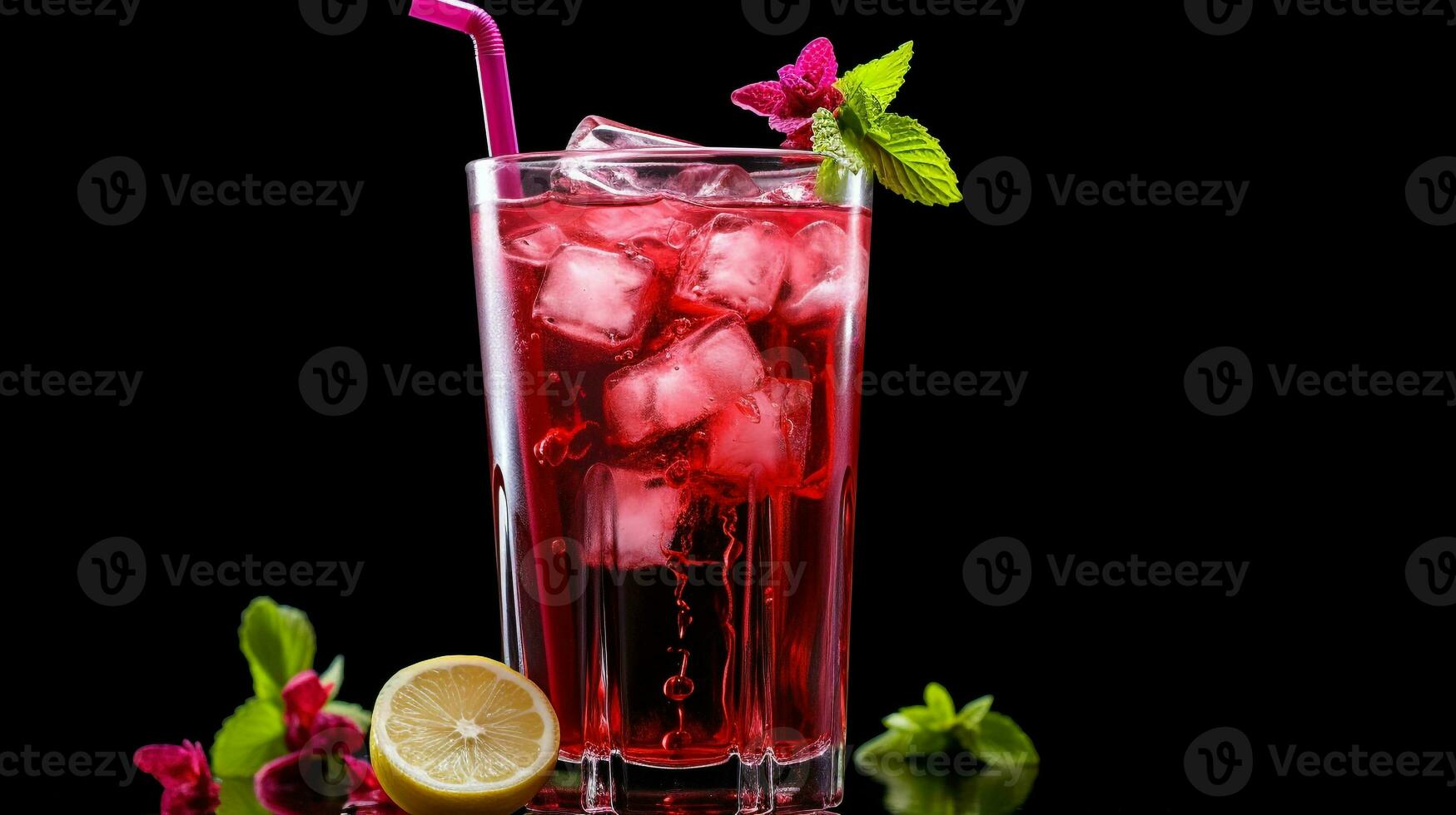 Photo of a Hibiscus Iced Tea drink isolated on dark background. Generative AI