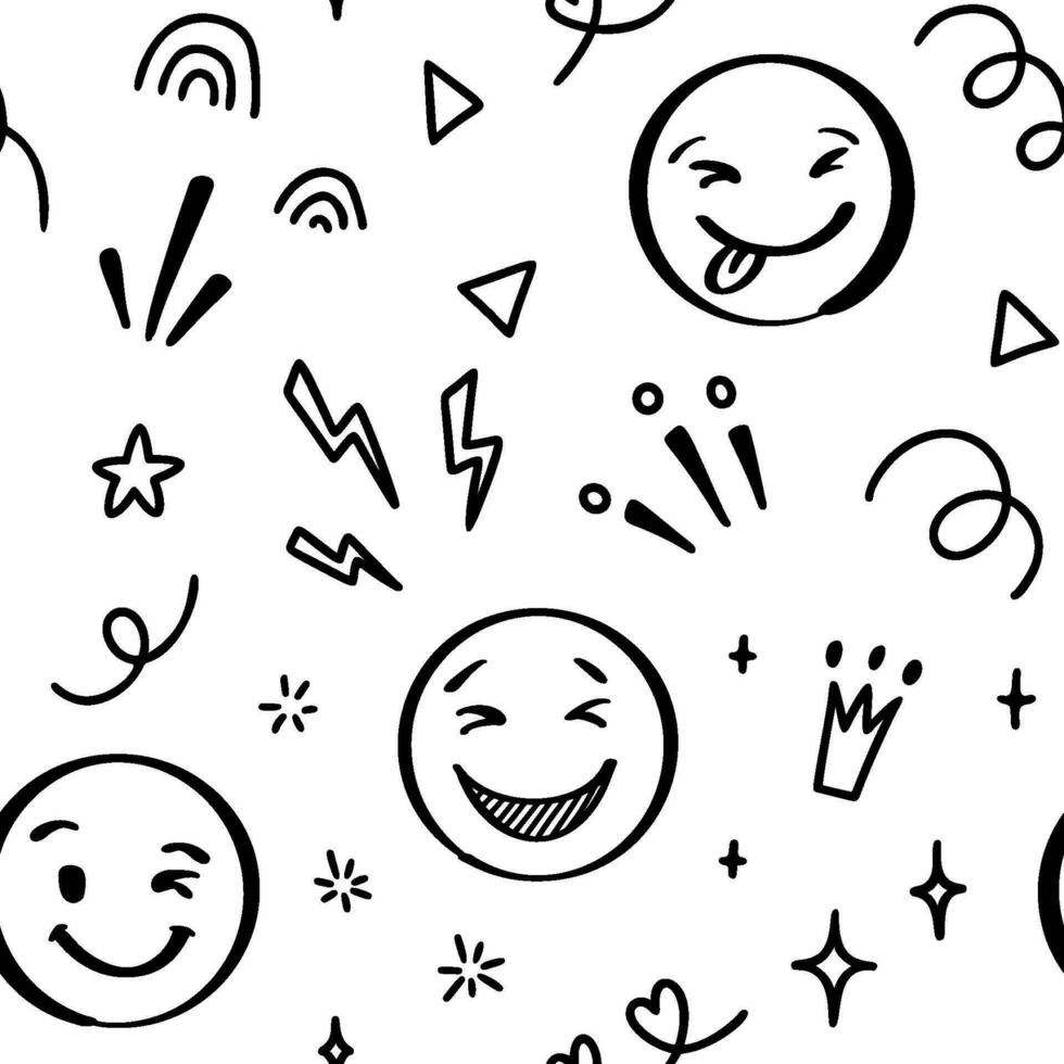 Doodle emoji seamless pattern. Hand drawn sketch positive emoticons background. Freehand emotion expression design vector