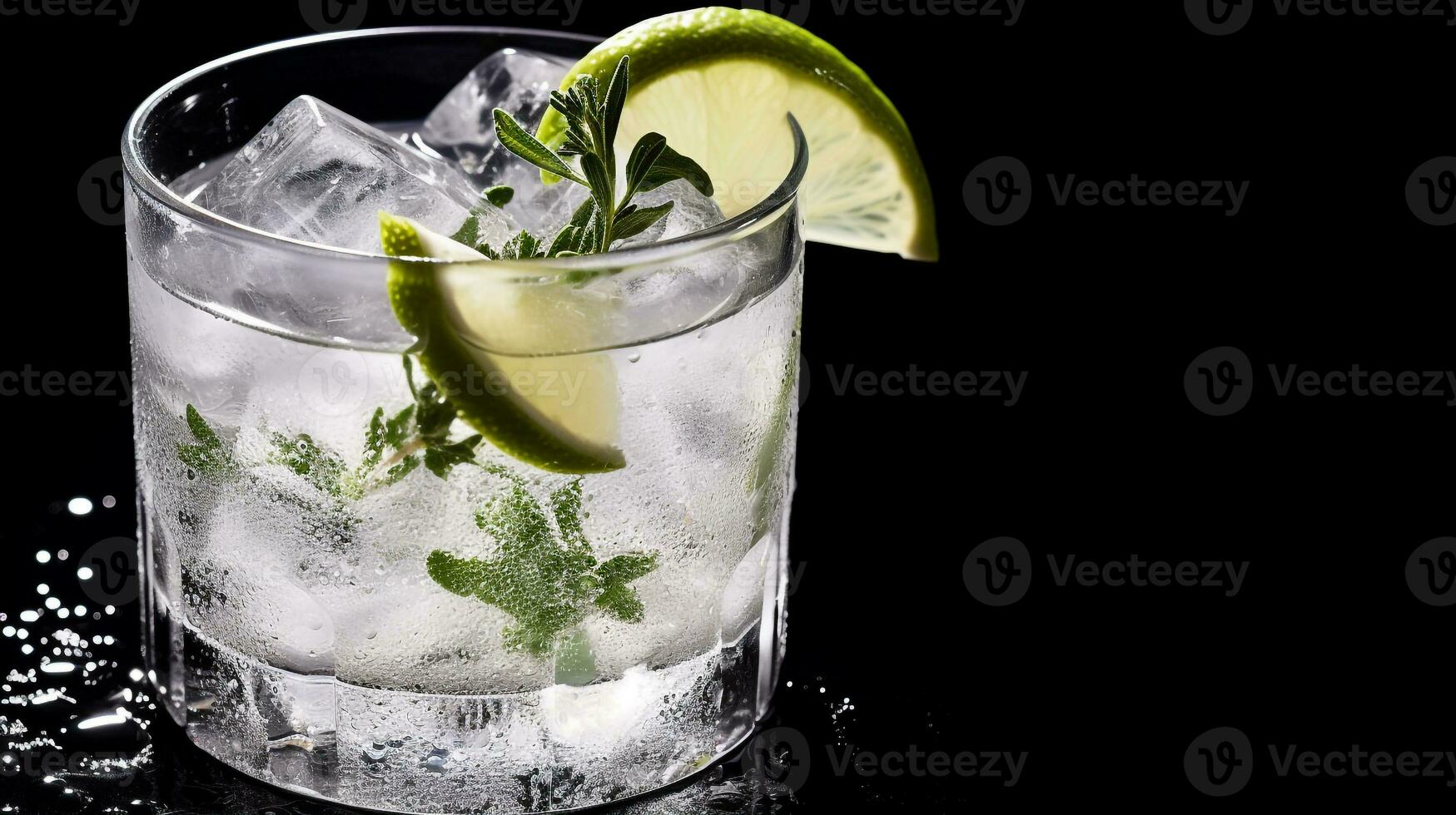 Photo of a Gin and Tonic drink isolated on black background. Generative AI