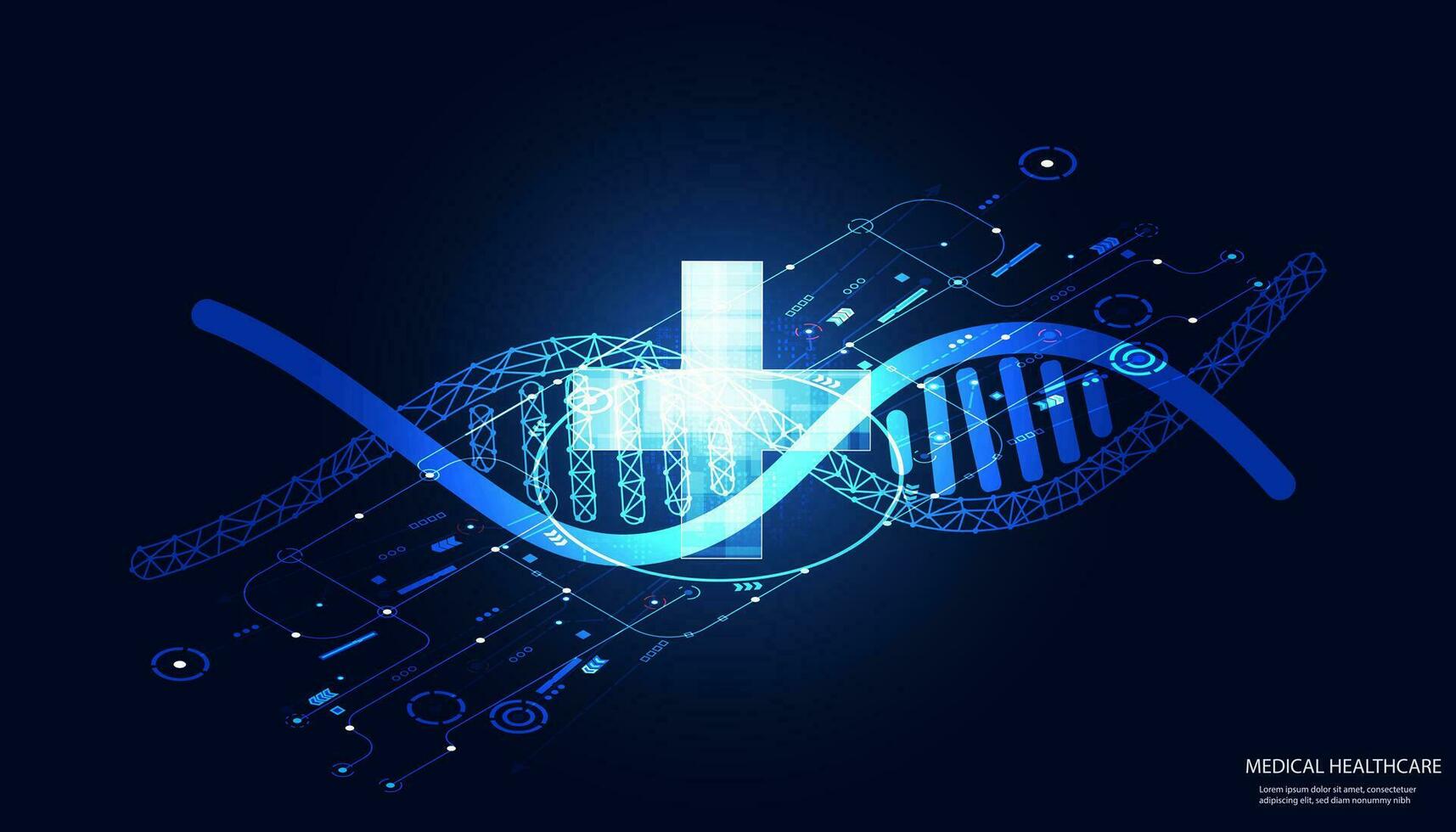 Abstract DNA, digital flow and medical symbol plus. Concept. Future treatment, gene editing, modern medical technology. On a blue background, hi-tech vector