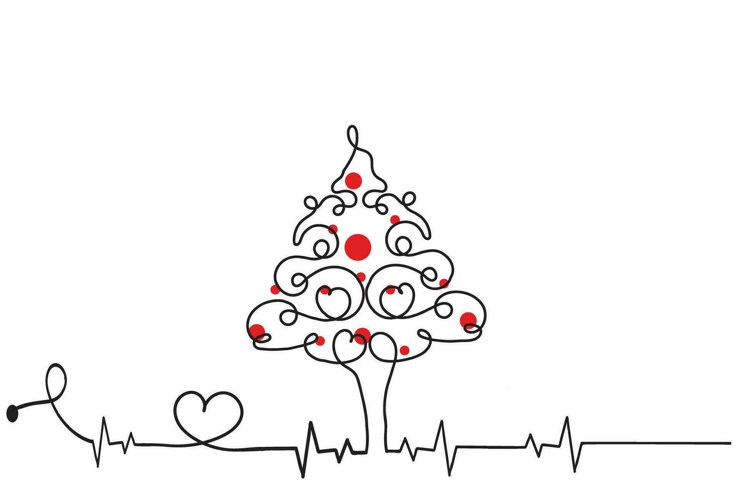 Hand drawn Thin continuous line Christmas tree with hearts Symbol vector, one line pine fir tree romantic relationship love sign, Minimalistic Outline single line art holiday cards decorations vector