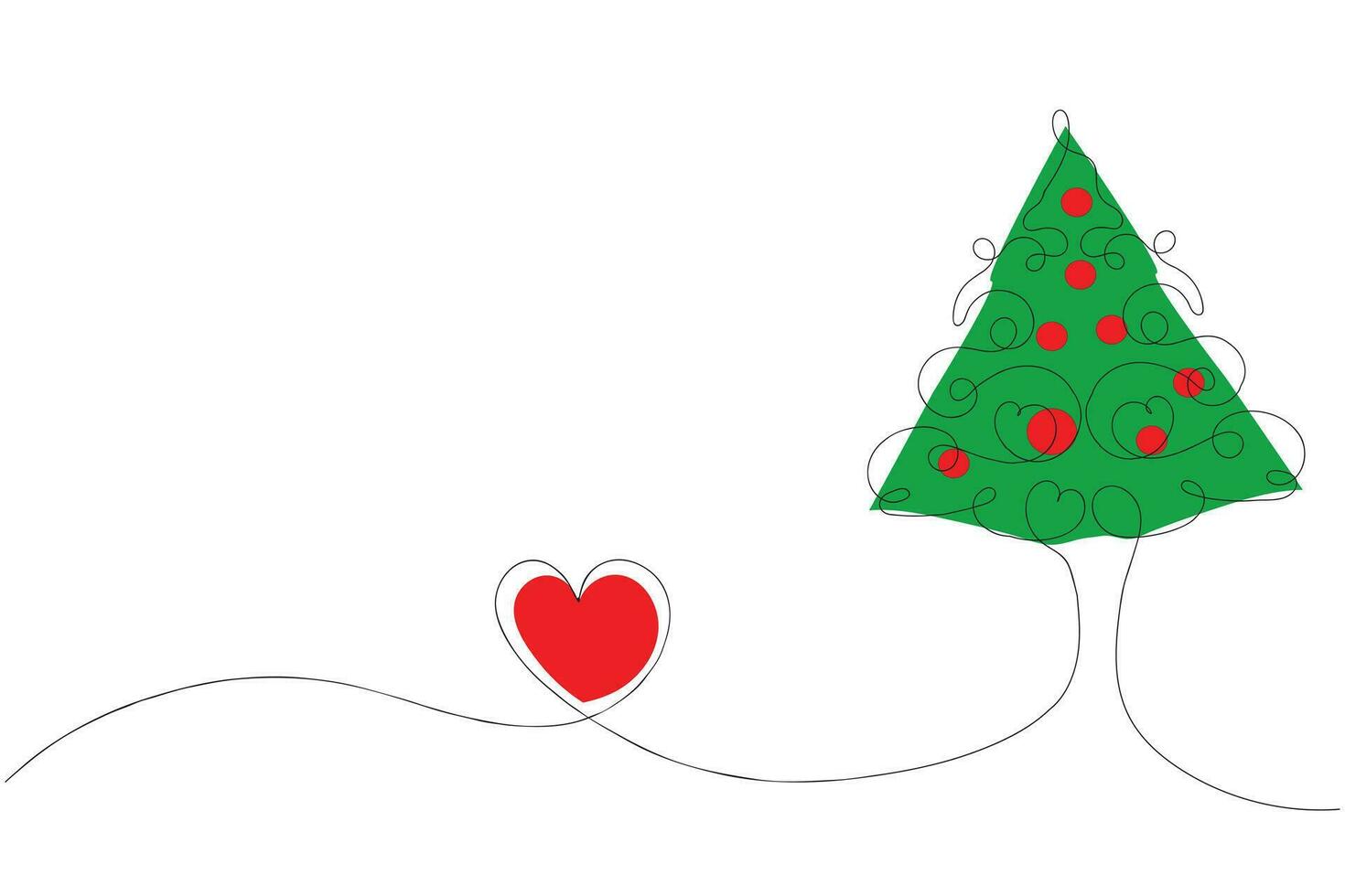 Hand drawn Thin continuous line Christmas tree with hearts Symbol vector, one line pine fir tree romantic relationship love sign, Minimalistic Outline single line art holiday cards decorations vector