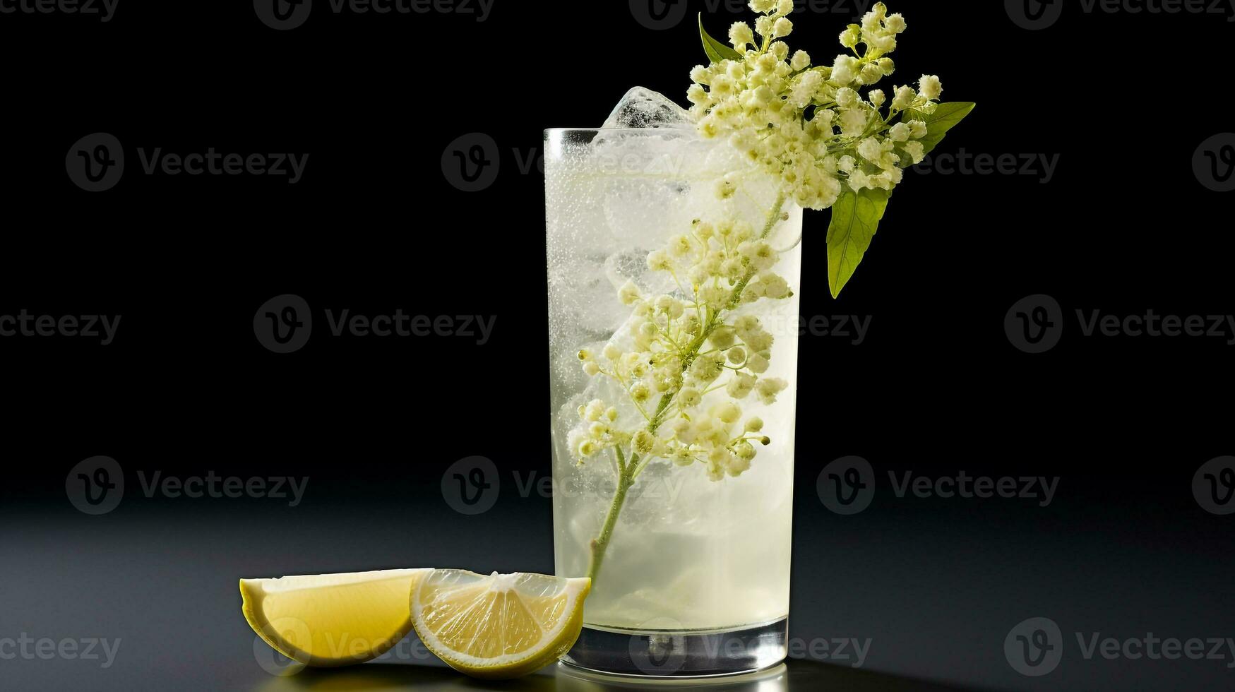 Photo of a Elderflower Spritzer drink isolated on black background. Generative AI