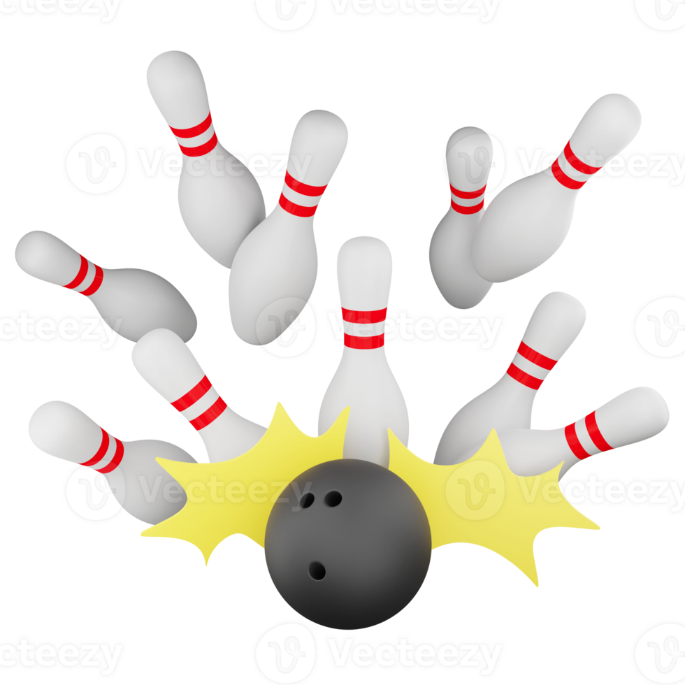 Bowling ball hit bowling pins clipart flat design icon isolated on transparent background, 3D render sport and exercise concept png