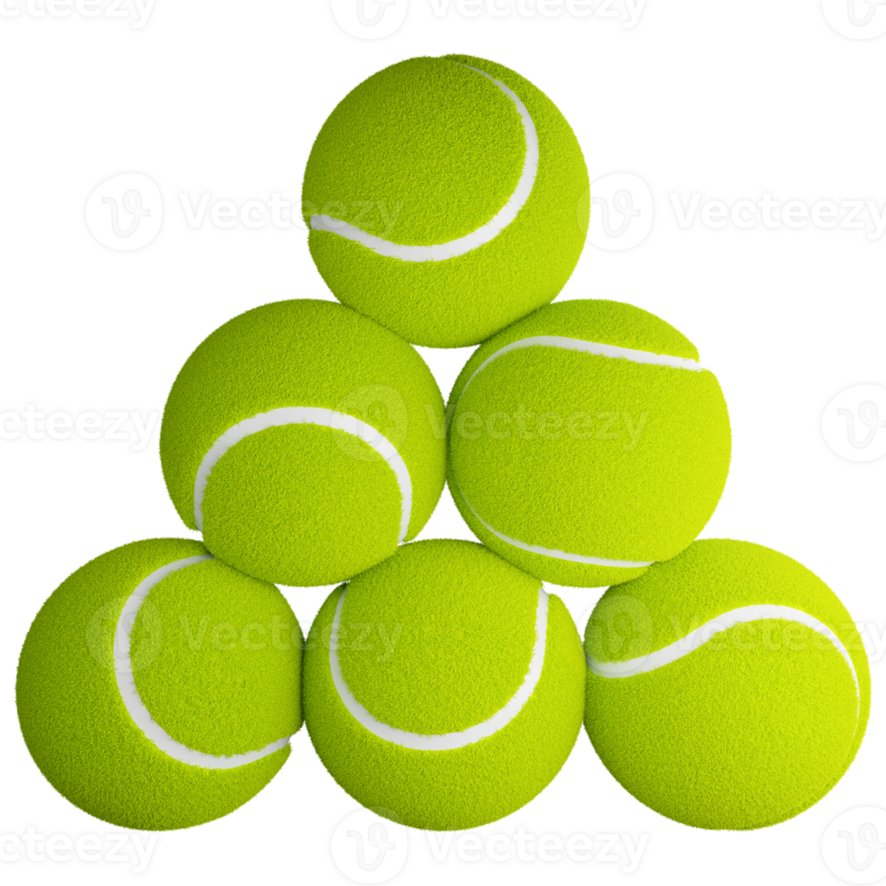 Six tennis ball realistic clipart icon isolated on transparent background, 3D render sport and exercise concept png