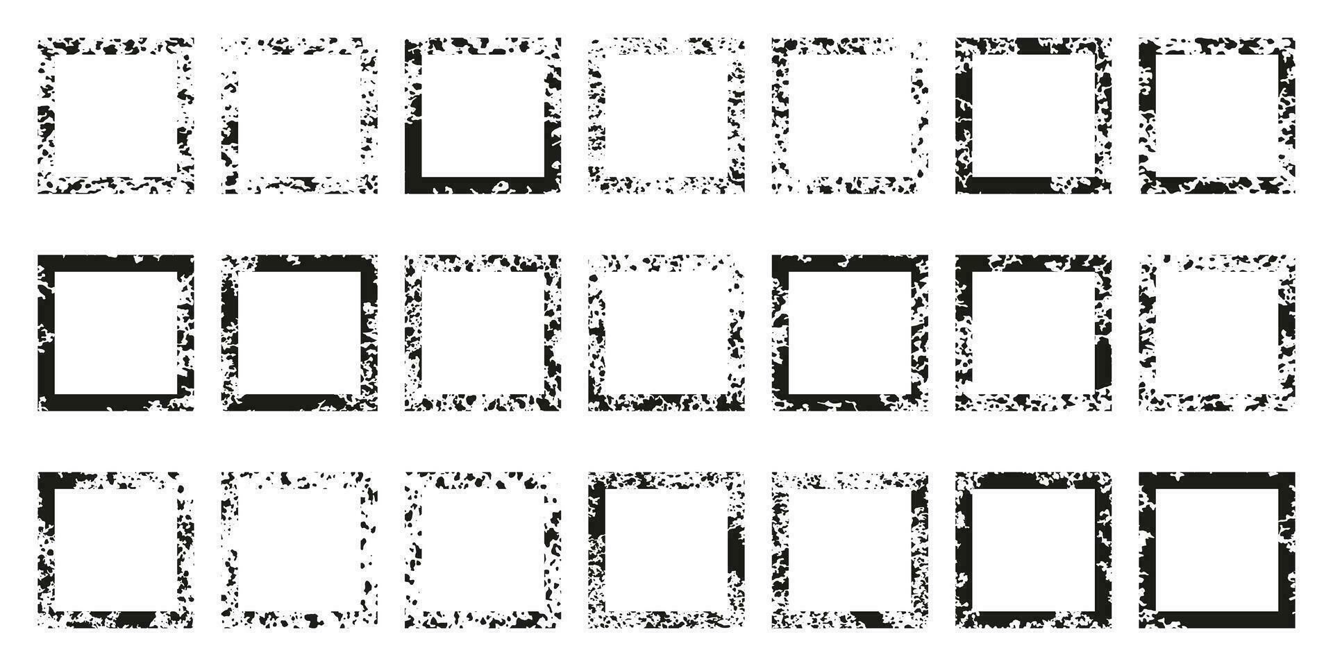 Square Grunge Texture Frame Set. Paint Brush Spray, Black Dirty Form Geometric with Splash Effect. Blank Retro Border. Rough Frame Collection. Abstract Design. Isolated Vector Illustration.
