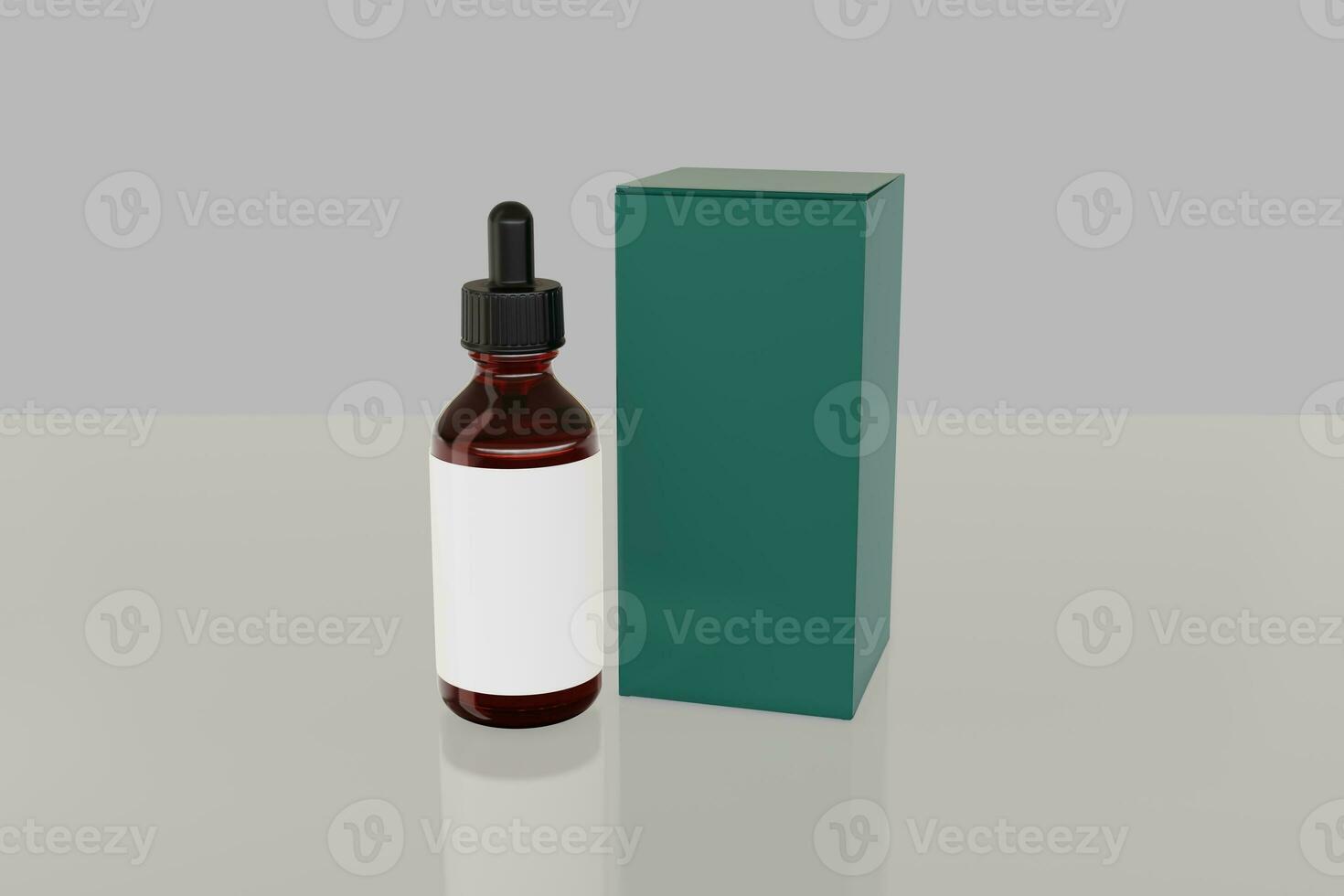 a bottle of liquid and a green box on a white surface photo