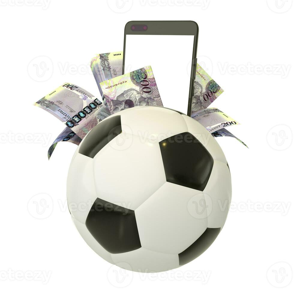 3d rendering of Botswanan Pula notes and phone behind soccer ball. Sports betting, soccer betting concept isolated on white background. mockup photo