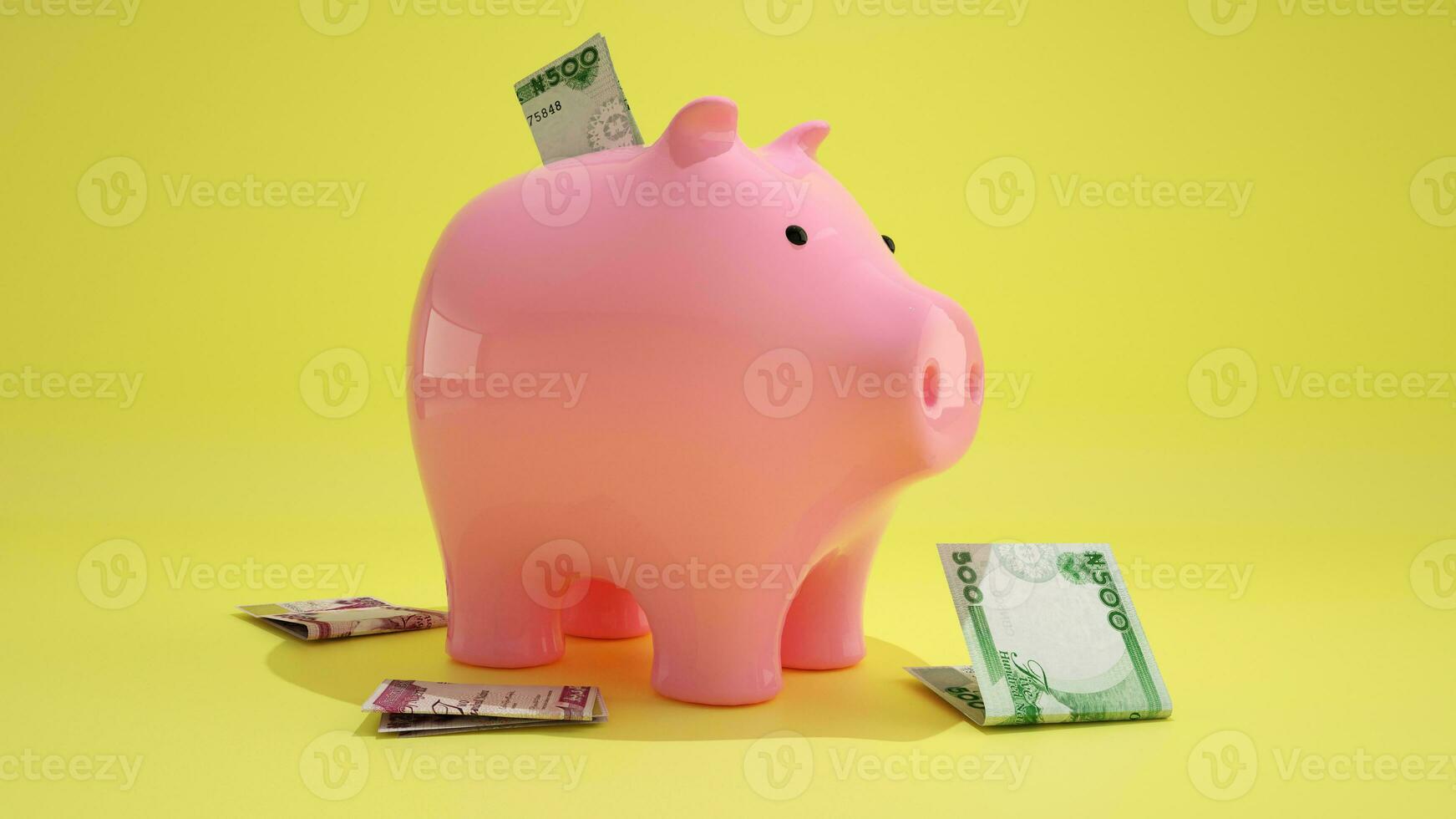 Nigerian naira notes inside pink Piggy Bank over yellow background. money in piggy bank, savings concept, 3d rendering photo