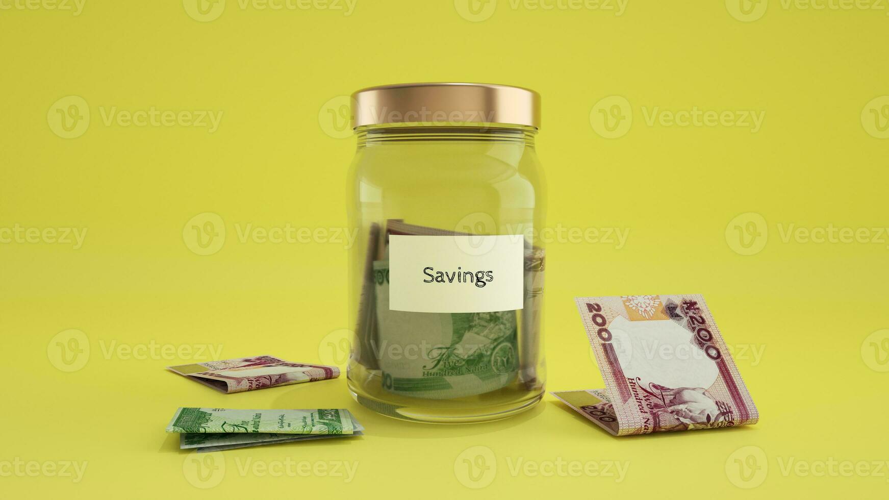 3D rendering of Nigerian naira notes in transparent savings glass container on yellow background photo