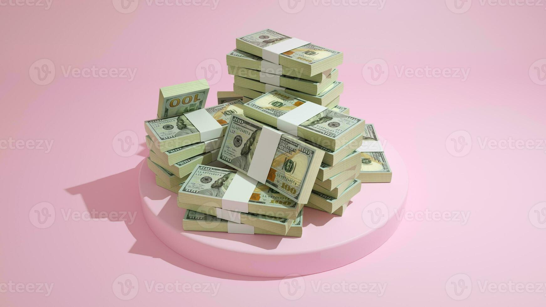 Stacks of 100 US dollar notes on top of pedestal. money on pink background. 3d rendering of bundles of cash photo