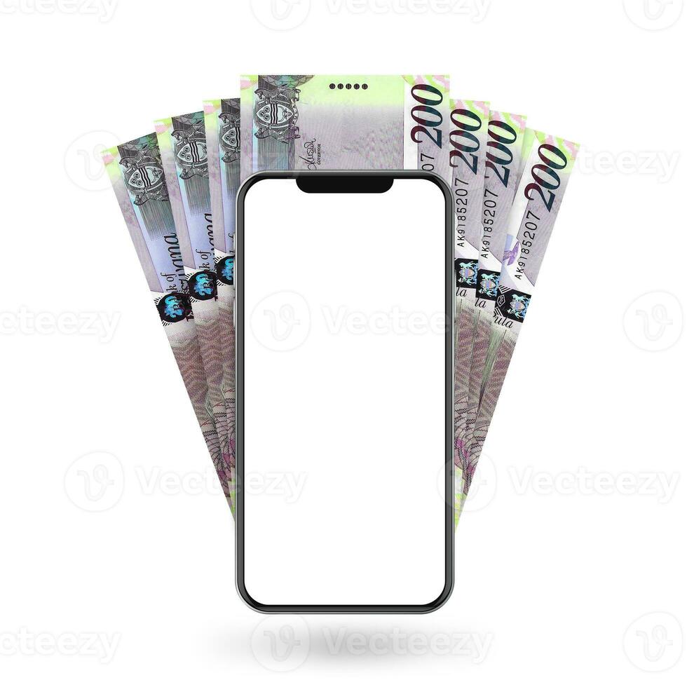 3d Illustration of Botswanan Pula notes behind mobile phone photo