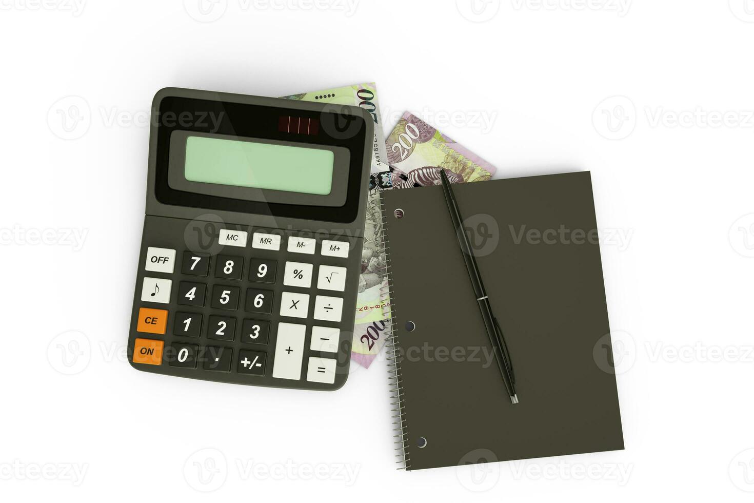 3D rendering of a composition of Botswanan Pula notes, a calculator, a note book and a pen isolated on white background. Tax background design concept photo