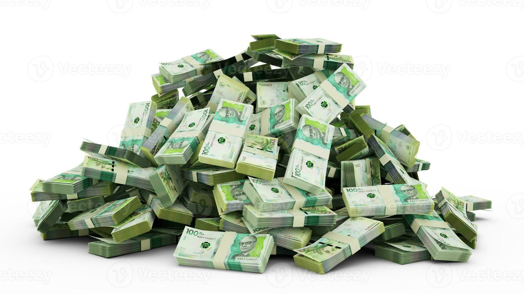 Big pile of Colombian peso notes a lot of money over white background. 3d rendering of bundles of cash photo