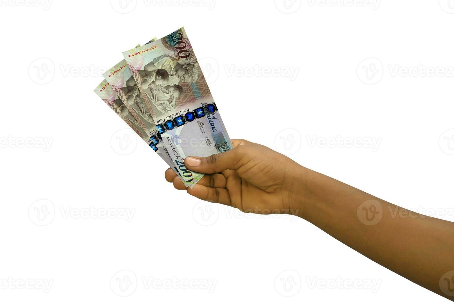 Fair hand holding 3D rendered Botswanan pula notes isolated on white background photo