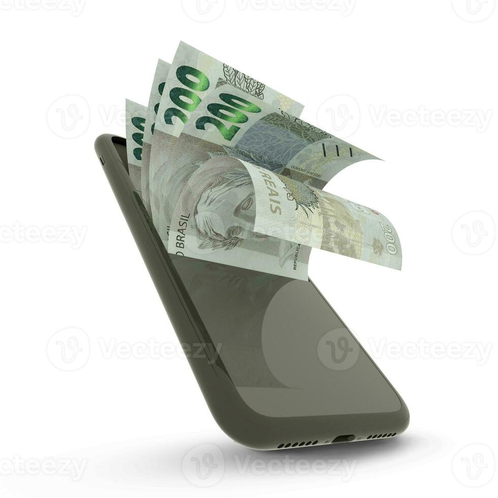 3D rendering of Brazilian real notes inside a mobile phone isolated on white background photo