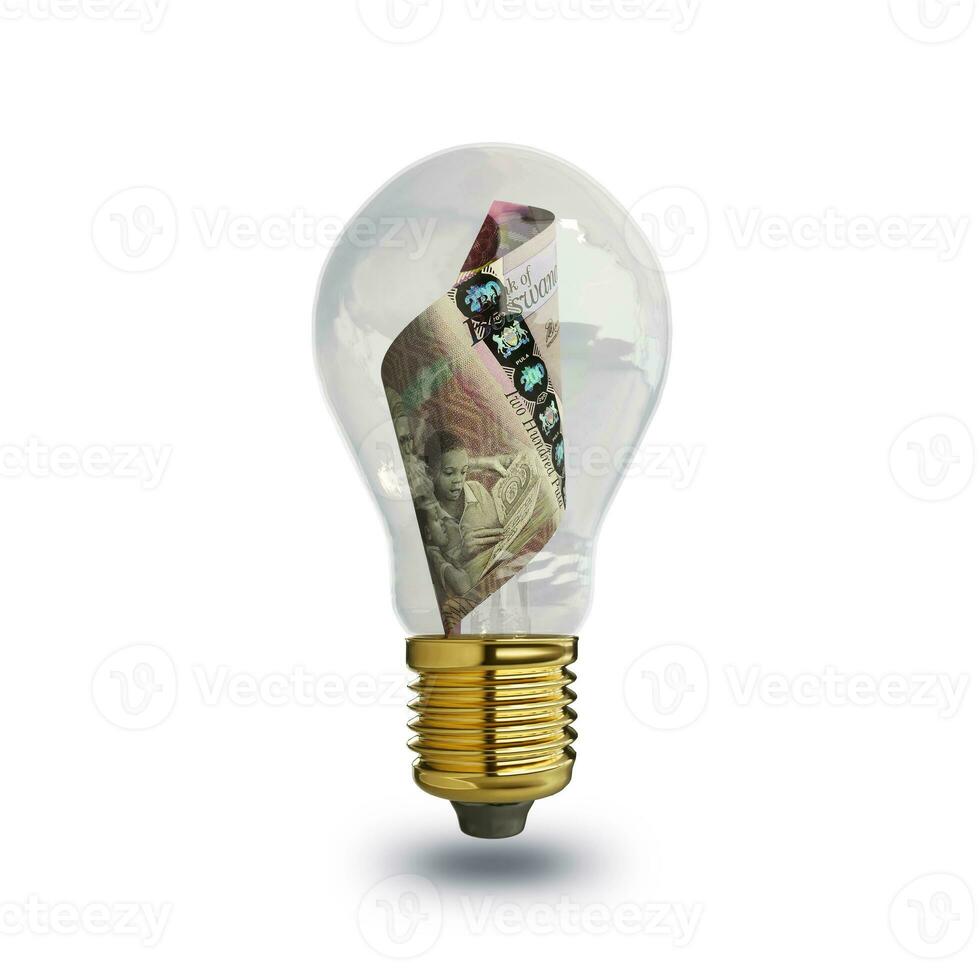 3d rendering of Botswanan Pula note inside transparent light bulb isolated on white background, creative thinking. Making money by solving problem. idea concept photo