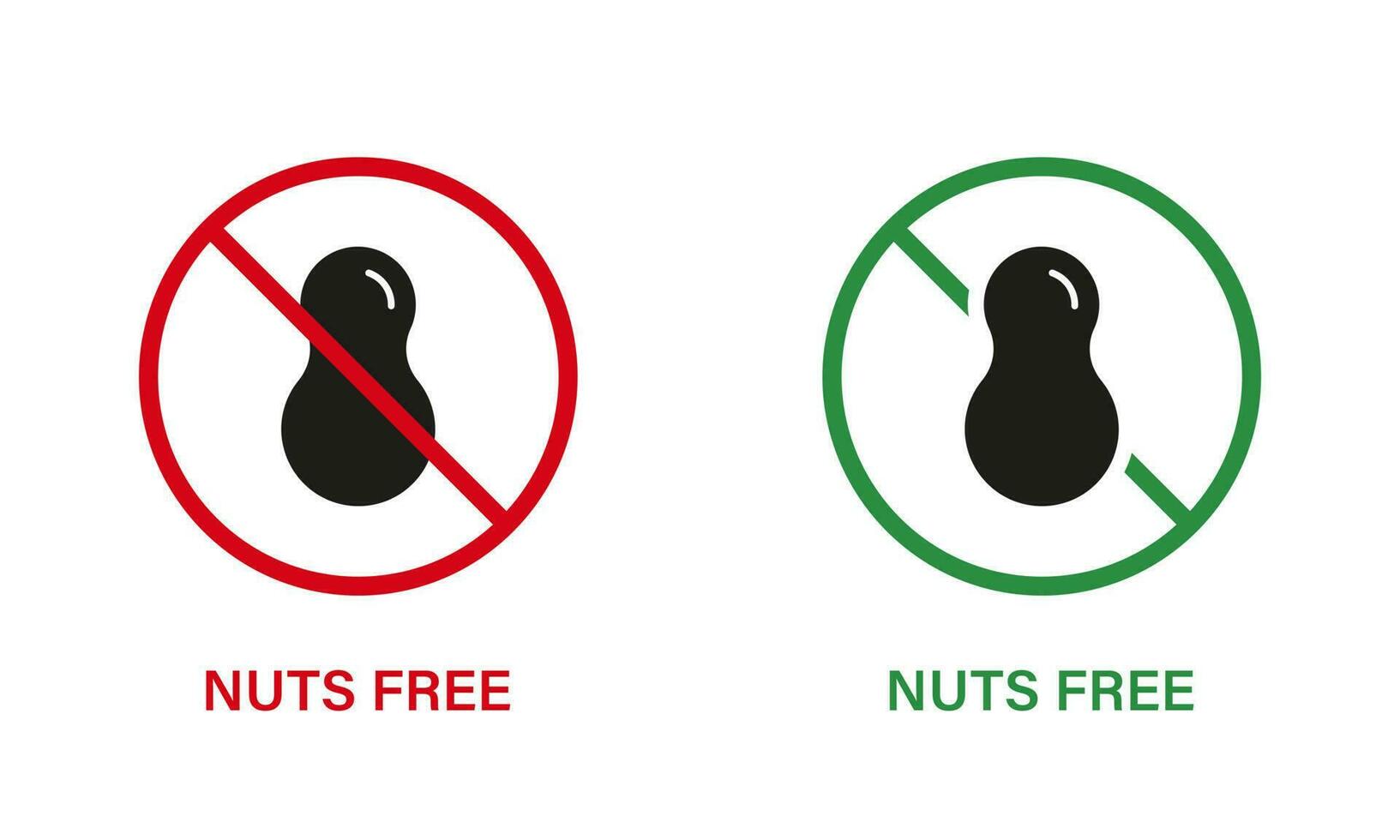 Nut Free Silhouette Icon Set. Nuts Product Stop Sign. Peanuts Forbidden Symbol. Food Allergy on Peanut Logo. No Contain Peanut Label. Avoid Nuts in Food. Isolated Vector Illustration.